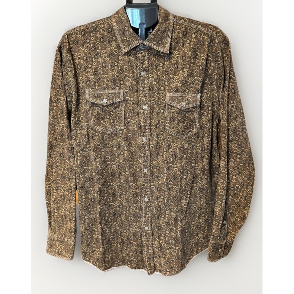 Age of Wisdom Shirt Mens XL Brown Paisley Corduroy Pearl Snap Western Button Up